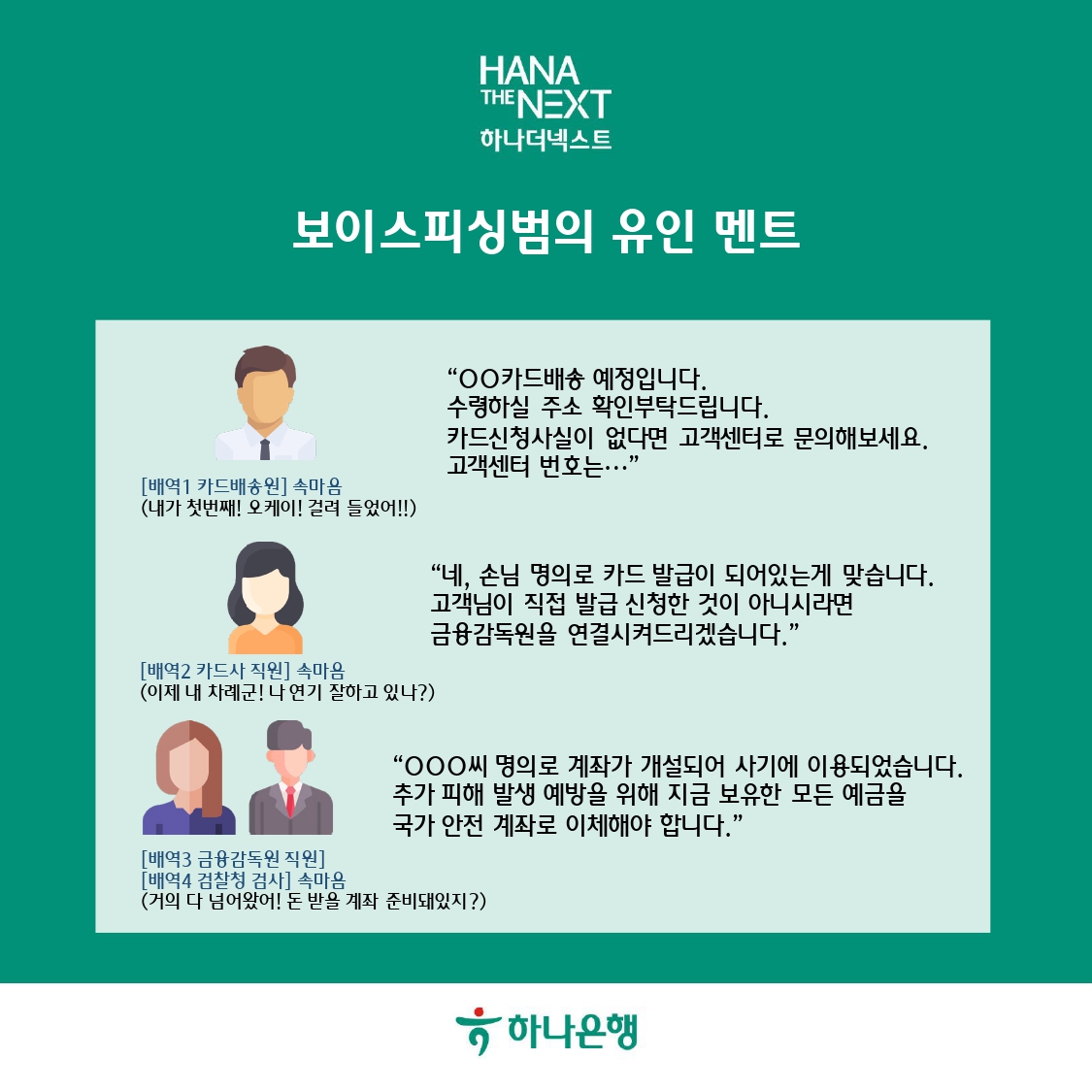 보이스피싱범의 유인 멘트. ○○카드배송 예정입니다.
수령하실 주소 확인 부탁드립니다.
카드신청사실이 없다면 고객센터로 문의해보세요.
고객센터 번호는…