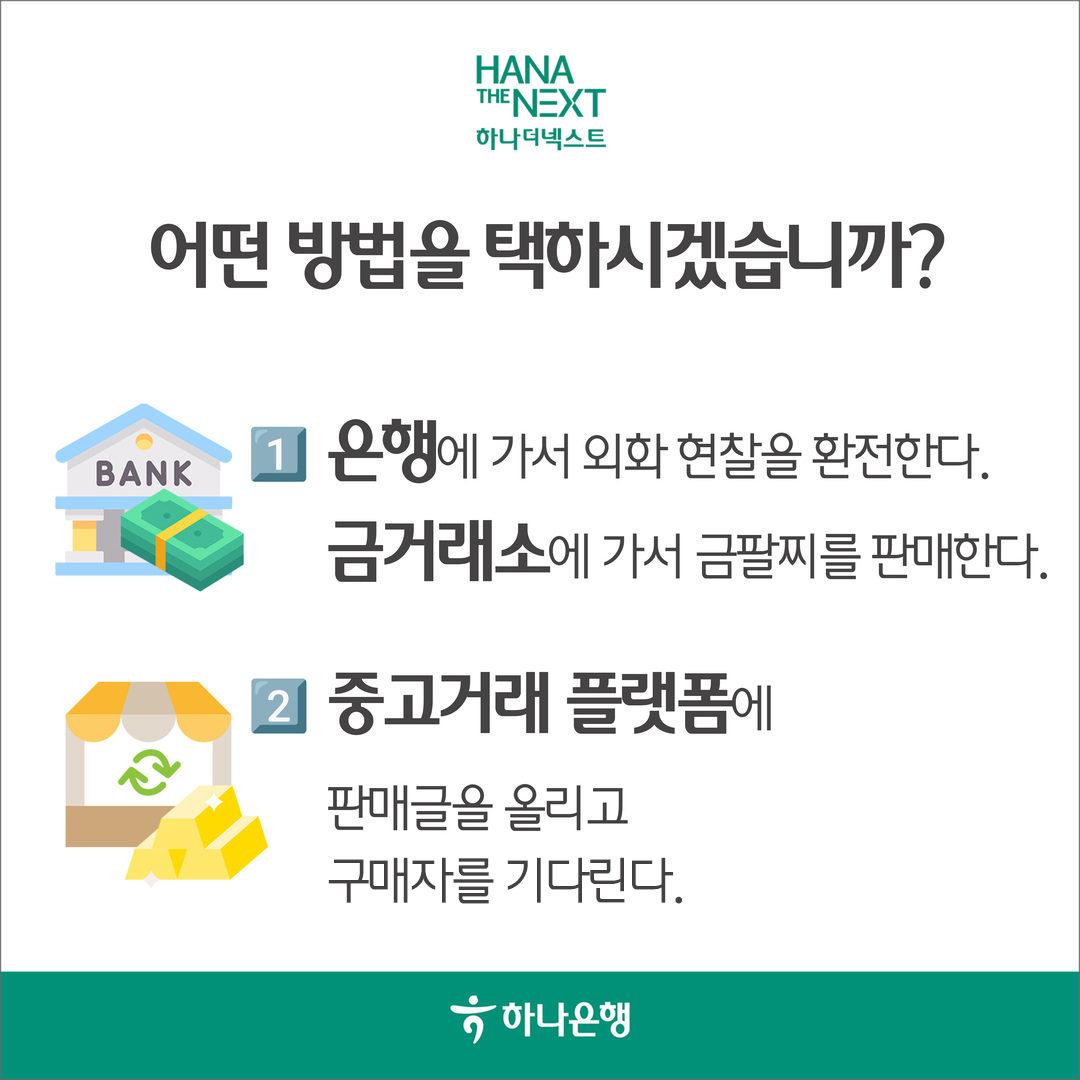 어떤 방법을 택하시겠습니까?
                1 은행에 가서 외화 현찰을 환전한다. 금거래소에 가서 금팔찌를 판매한다.
                중고거래 플랫폼에
                판매글을 올리고
                구매자가 나타나길 기다린다.