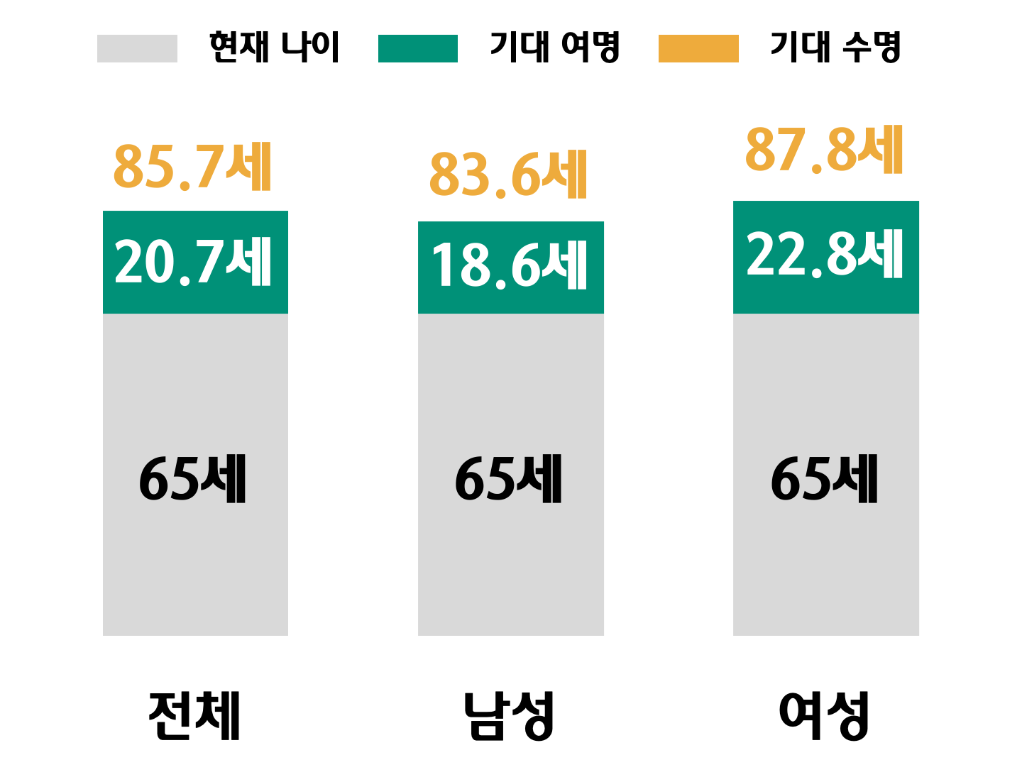 2022년 기준 65세의 기대 여명 및 기대 수명