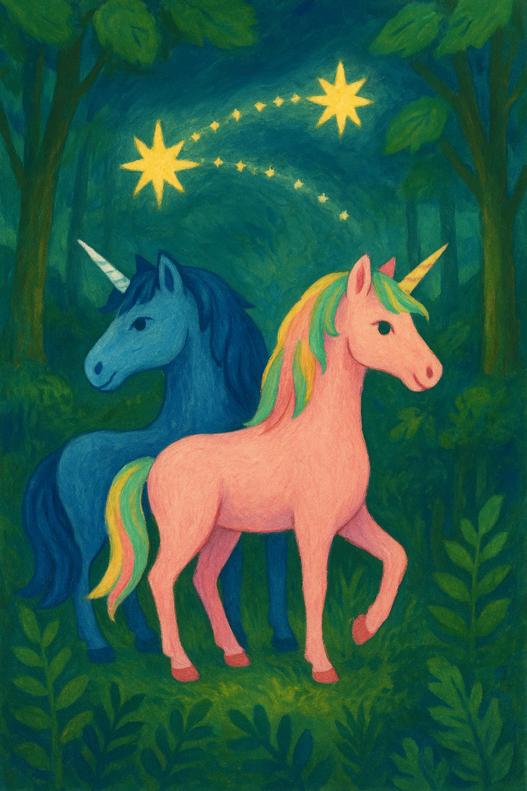 〈별빛 아래의 유니콘(Unicorns under the Starlight), 2025, 아크릴 페인팅 (Acrylic on Canvas), 캔버스, 아크릴작, 30×30cm, 2025〉