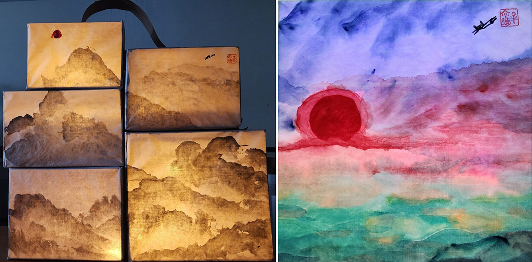 <브리콜라주-심산, 한지에 수묵, 박스 프레임, 조명장치, 혼합재료(한지에 수묵, 재활용박스, 전구)60x55x25cm, 2025 / 브리콜라주-노을, 재료 기법 동일, 30x28x7cm 2025>