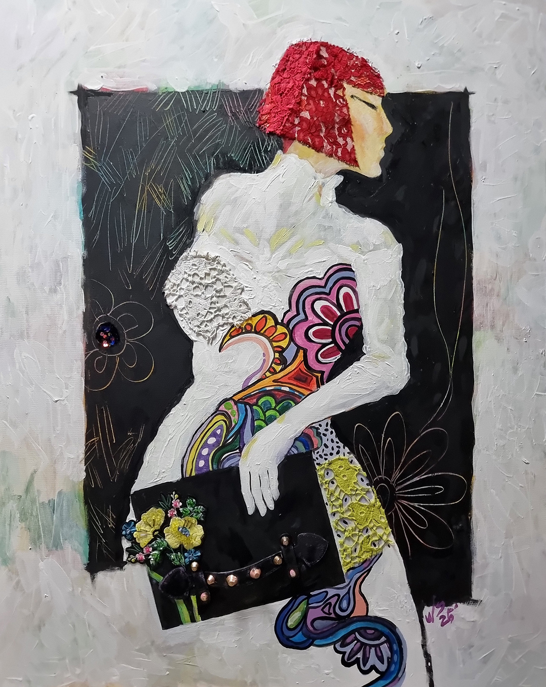 <꿈속으로의 여행-뮤즈, 수채화 기법의 아크릴화&유화 그리고 와니지클러치 하네스핸들 patch, oil, Acryl, lace, leather, stud, 99x72cm, 2025>