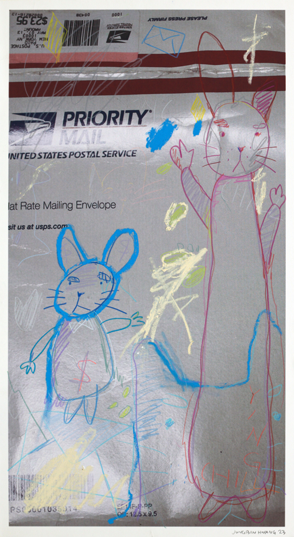 <Mailing Service, 회화, 디지털 프린트 종이 위에 유채 스틱과 유채 연필(oil stick and oil pencil on digital print on paper), 97.1x55cm, 2023>