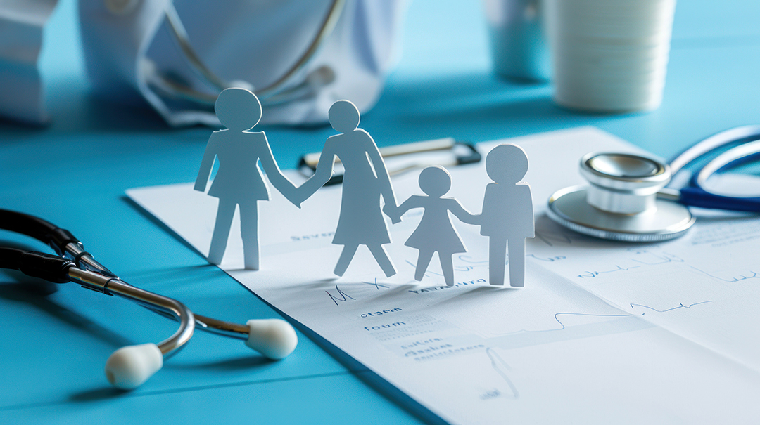 청진기가 있는 책상위에 종이인형이 서있는 사진