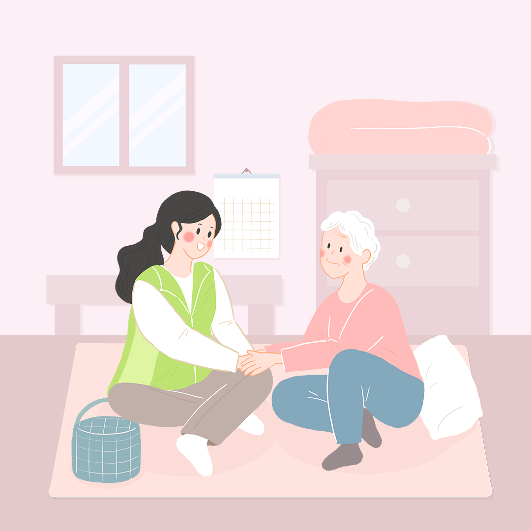 젊은 사람과 노인이 손잡고 바라보며 이야기 하는 그림