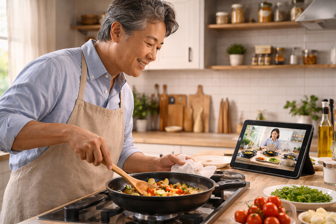 태블릿을 보면서 요리하는 사람 사진