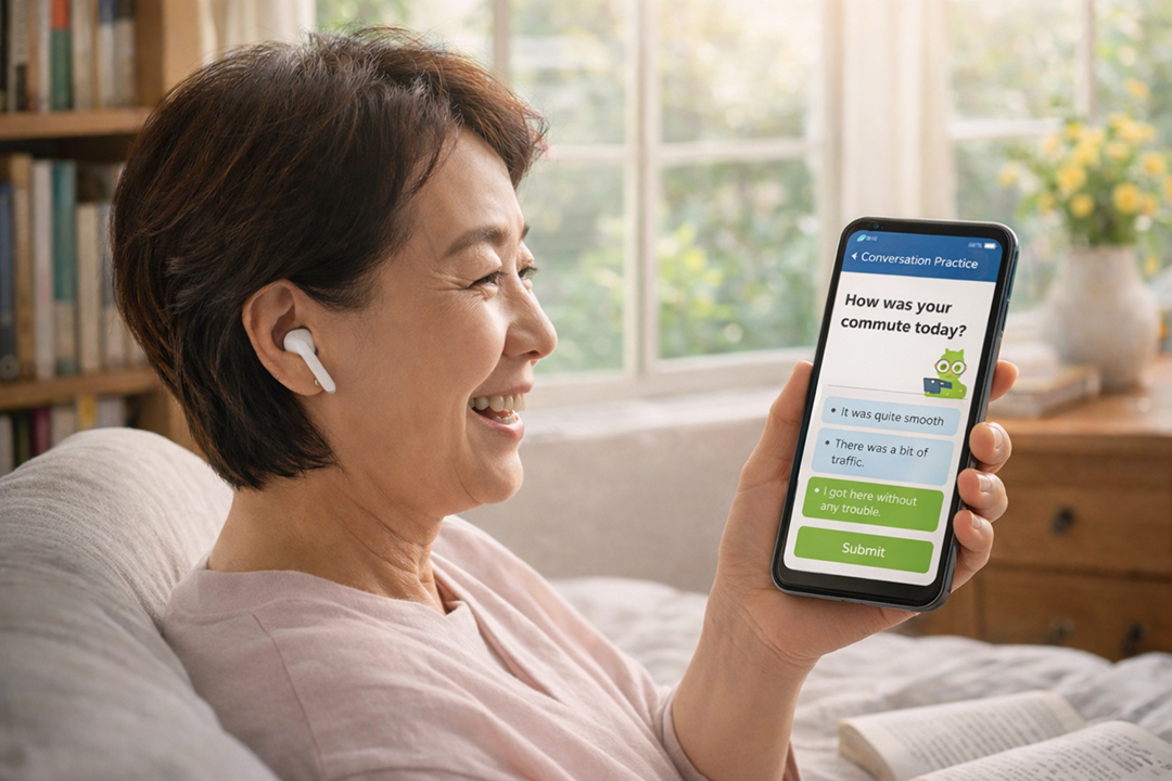 이어폰을 착용하고 앱을 사용하는 사람 사진