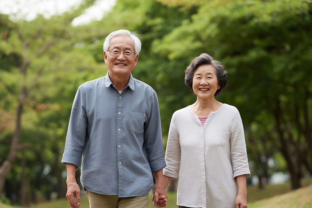 노년의 남녀가 손을 잡고 서 있는 모습