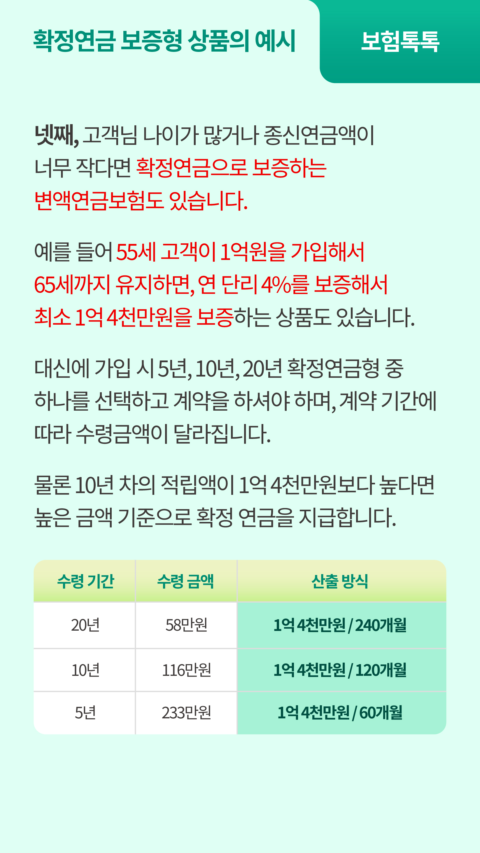 펀드 수익률과 상관없이 종신형, 확정형 연금으로 보증해 주는 변액연금보험