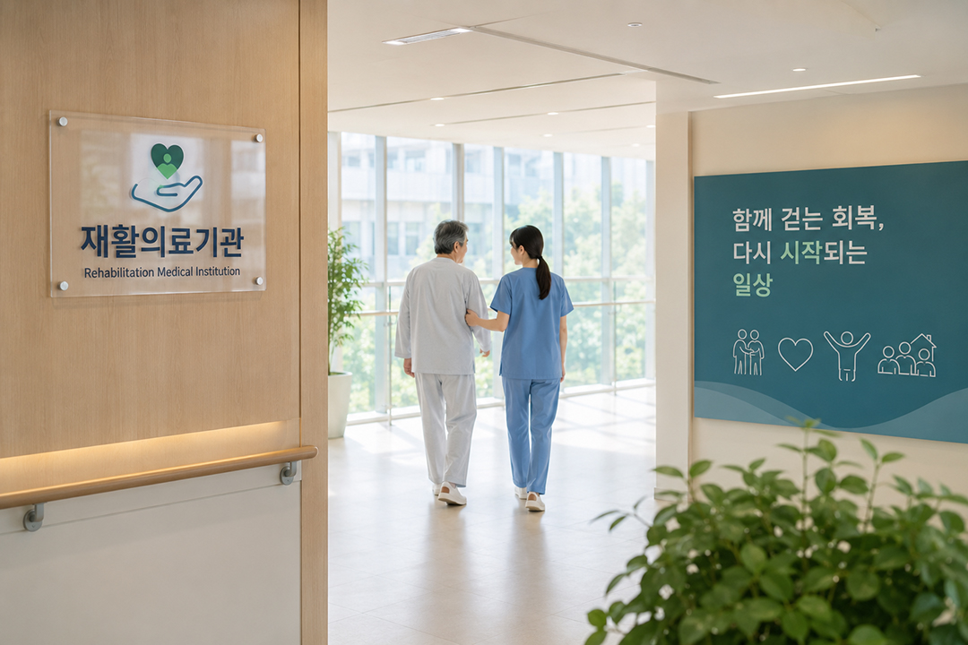 재활의료기관에서 함께 걷고 있는 환자와 의료인